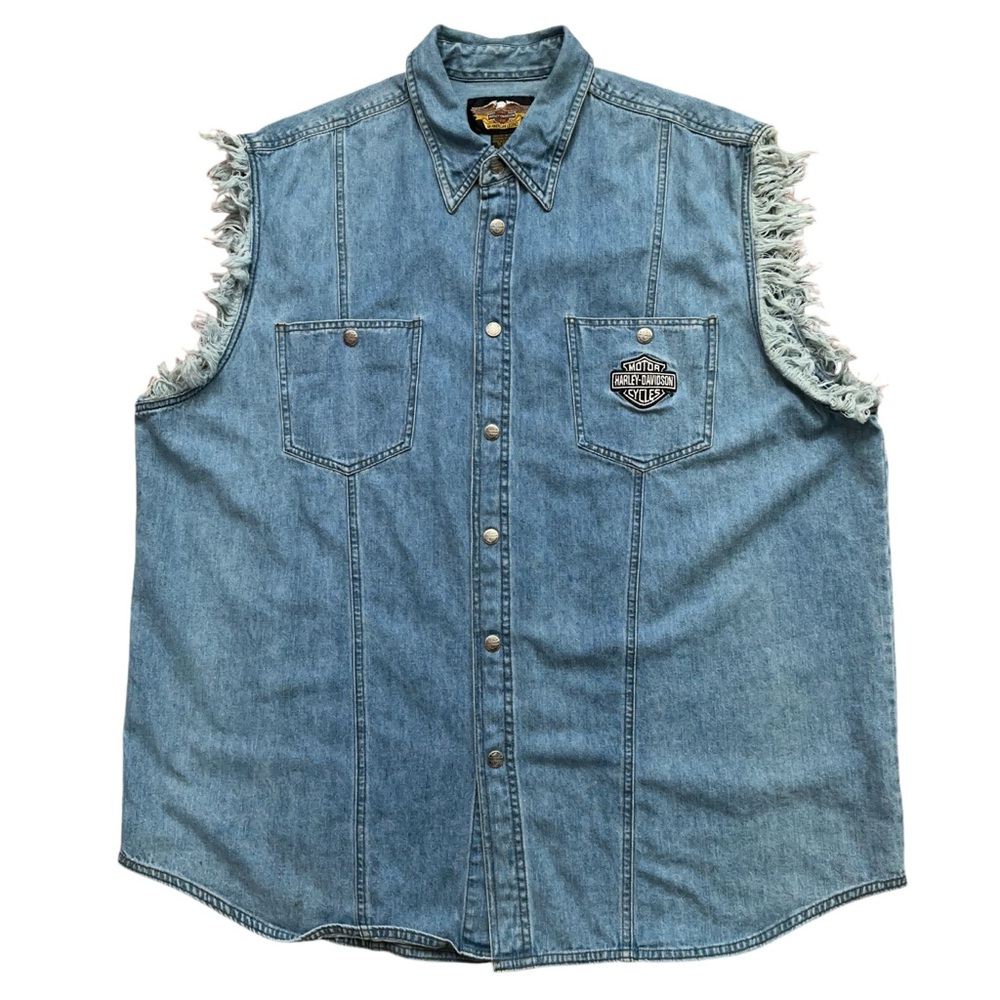Harley Davidson Denim Trucker Vest Mens Size 2XL Metal Snap Buttons Blue Vintage